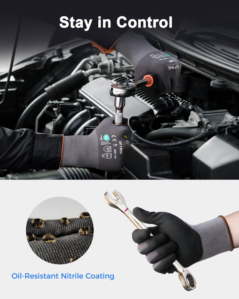 DULFINE Safety Work Gloves MicroFoam Nitrile Coated-3 Pairs Pack,Seamless Knit Nylon Glove with Black Micro-Foam Nitrile Grip,Ideal for General Purpose,Automotive,Home Improvement,Painting(Large) - Image 3